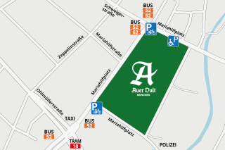 Anfahrt Auer DUlt 2024 DIe Anfahrtskarte für die Auerdult 2024 mit Behindertenparkplätzen, Bus- und Tramhaltestellen und Fahrradparkplätzen