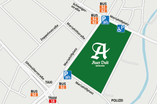 DIe Anfahrtskarte für die Auerdult 2024 mit Behindertenparkplätzen, Bus- und Tramhaltestellen und Fahrradparkplätzen