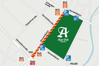 DIe Anfahrtskarte für die Auerdult 2026 mit Baustelle, Behindertenparkplätzen, Bus- und Tramhaltestellen und Fahrradparkplätzen